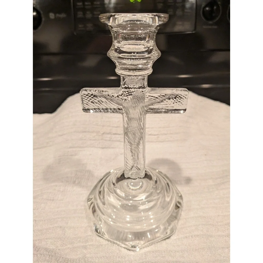 Clear Glass Crucifix Candle Holder Frosted Jesus Figurine Religious Decor